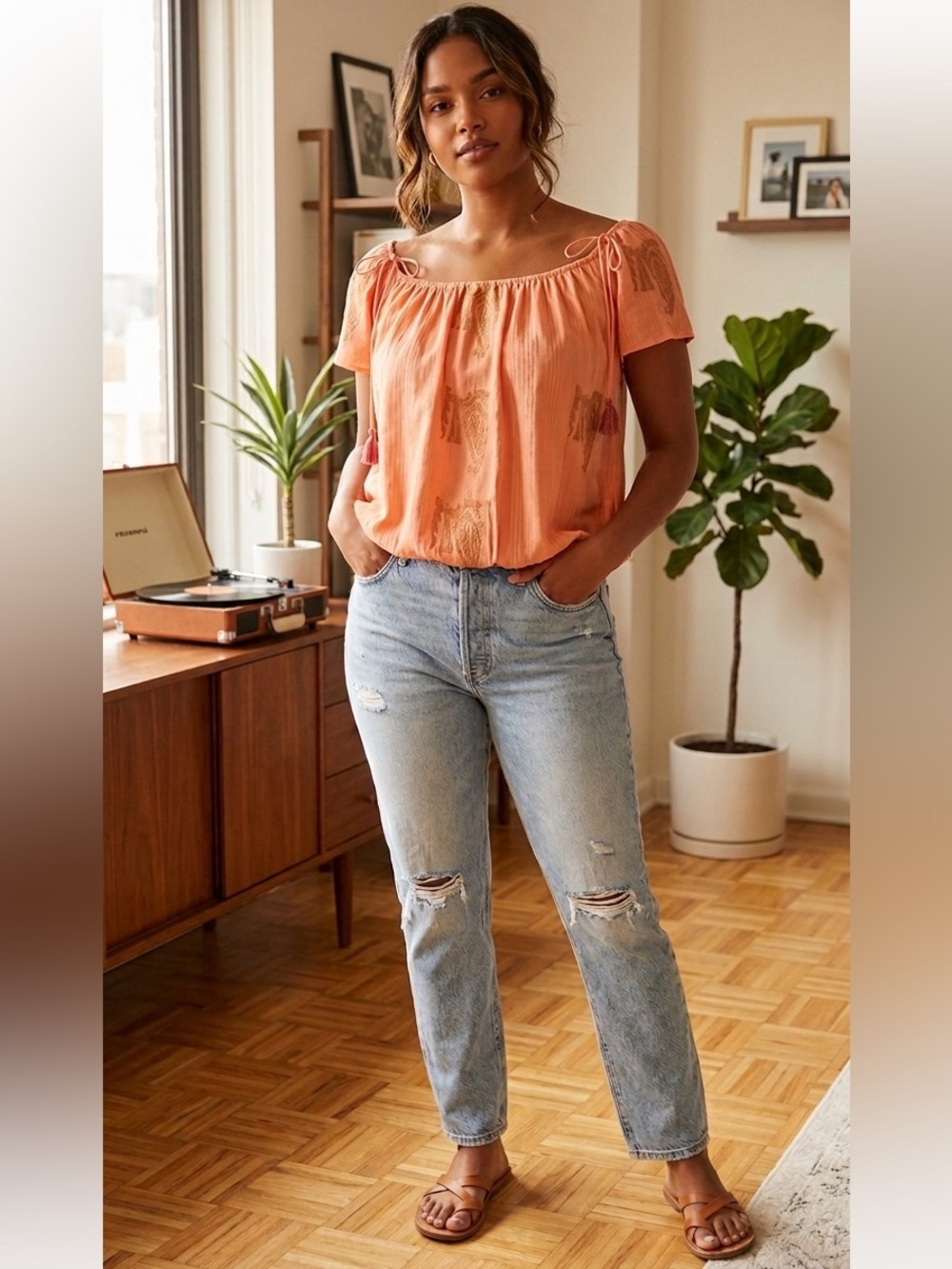 Free People Embroidered Peasant Top Coral Orange Smocked Boho Size L